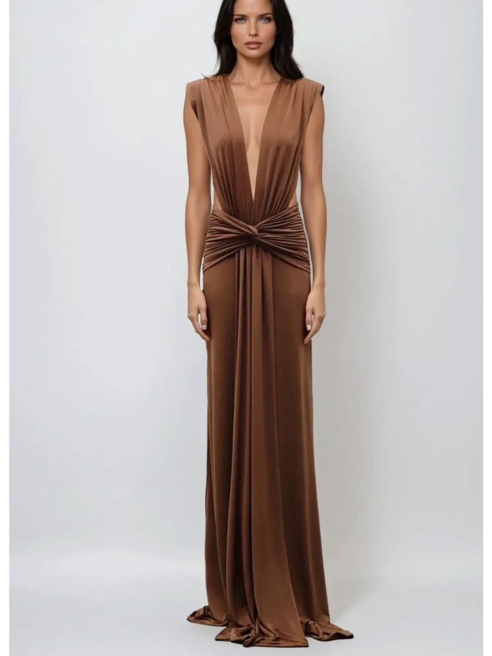 BRAND NEW! Elegant Brown Twist-Front Evening Gown